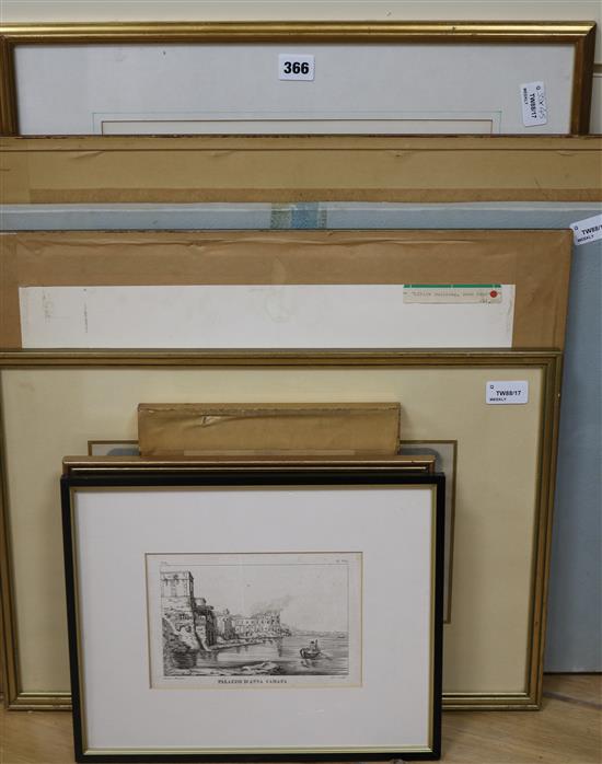 W D Fielding, a pencil and watercolour drawing and various prints of landmark buildings and four other prints, various